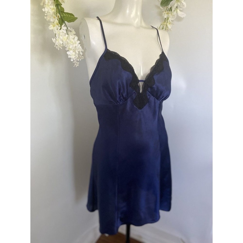 Vintage Sexy Lingerie Chemise Apt 9 Size Large Navy Blue Black Lace Adjustable
